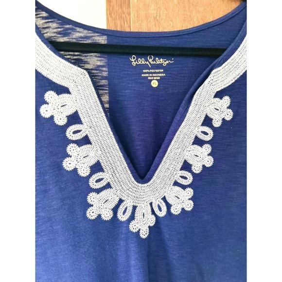 Lilly Pulitzer $158 Size XL‎ Embroidered V Neck T Shirt Shift Dress Navy Blue - Picture 4 of 6